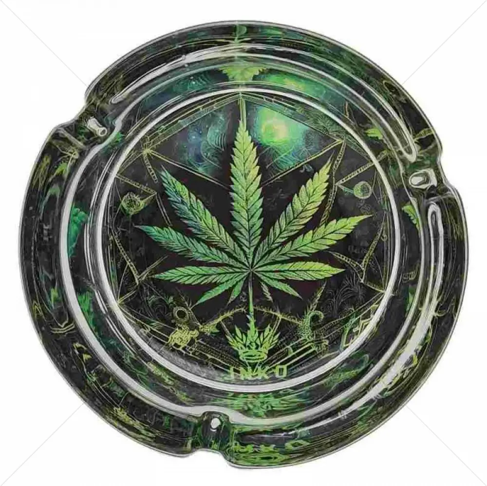 Cenicero Cristal Redondo 10cm | Serie Psicodélica | Diseño 5 | Hoja de Cannabis 1